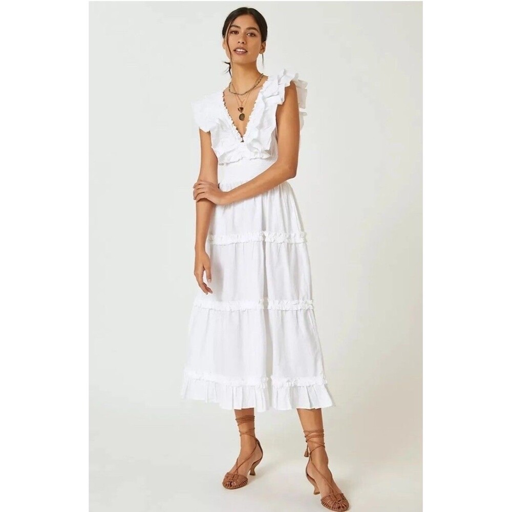 Anthropologie Love the Label Topanga Ruffled V Neck Maxi Dress Smocked M 289512